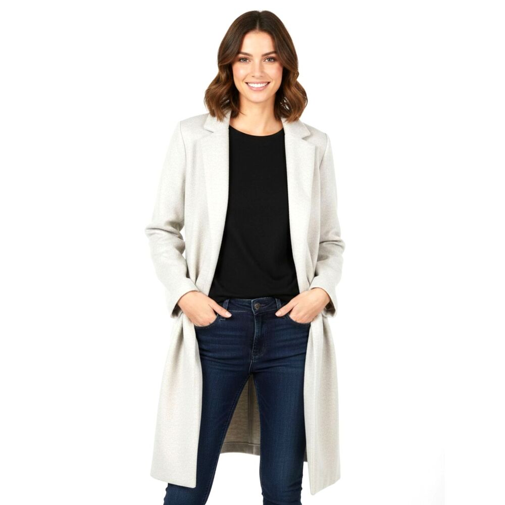 Joie Womens M Greige Wool Feel Open Front Longline Coat Duster Jacket Normcore‎